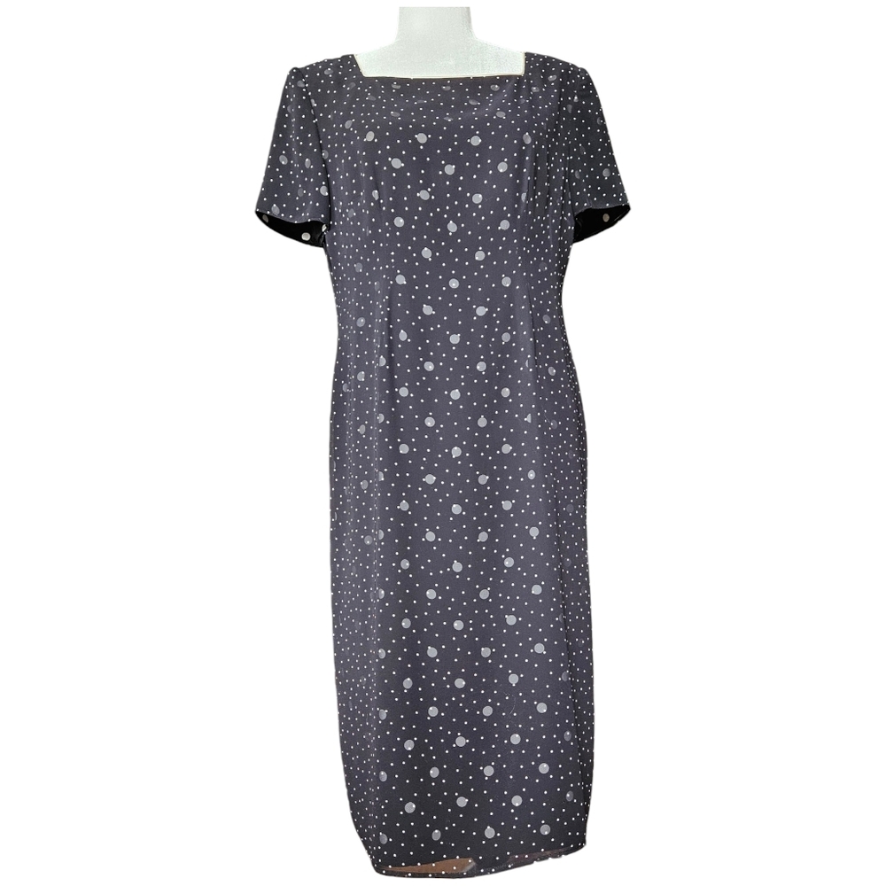 Talbots black and white polkadot midi dress square neck short sleeve size 12